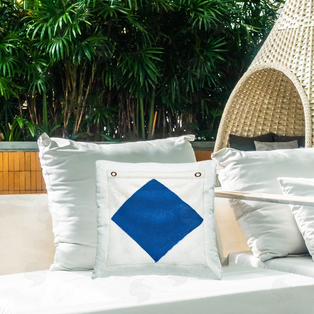 James Wiens Blue & White Nautical Flag Outdoor Quick-Dry Polyester Printed Throw Pillow in Back Yard