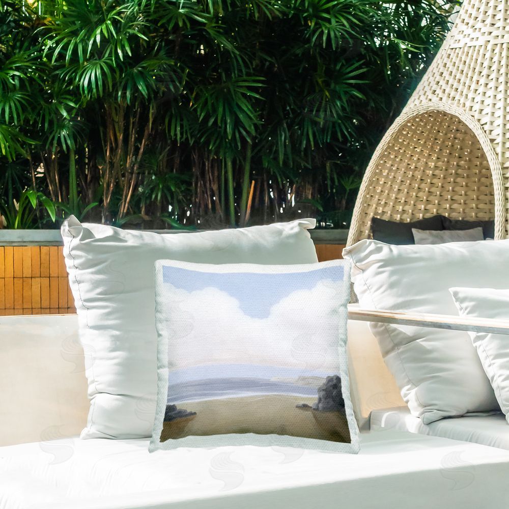 Melissa Wang Soft Clouds Over Beach Outdoor Quick-Dry Polyester Printed Throw Pillow in Back Yard