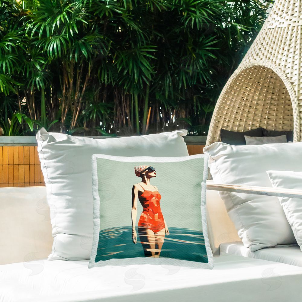 Irena Orlov Retro Woman in Swimsuit Outdoor Quick-Dry Polyester Printed Throw Pillow in Back Yard