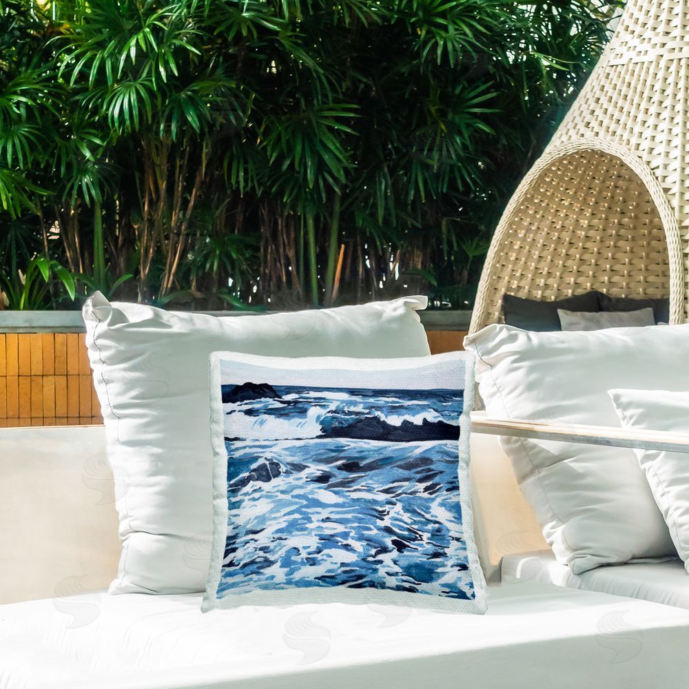 Melissa Wang Blue Coastal Waves Outdoor Quick-Dry Polyester Printed Throw Pillow in Back Yard