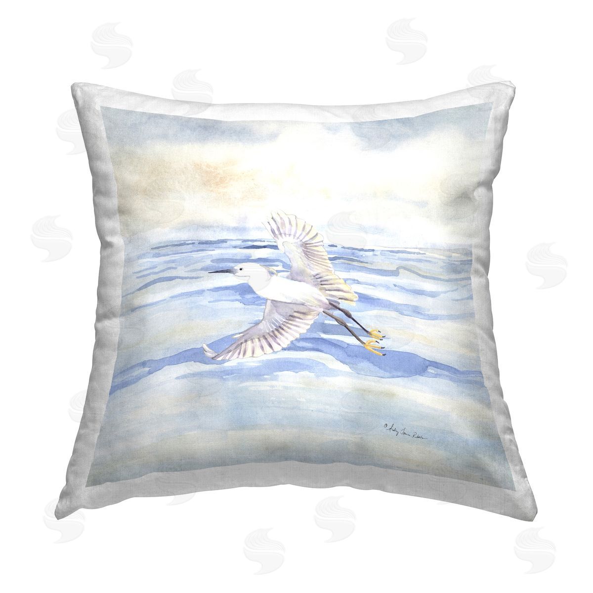Audrey Jeanne Roberts Flying Heron Over Water Printed Plush Polyester Throw Pillow