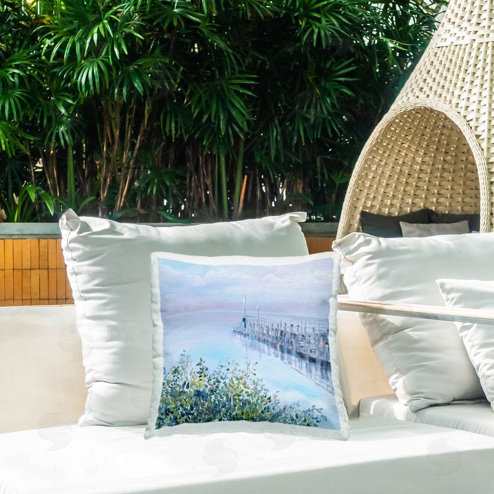 Meredith Howse Foggy Harbor Dock Outdoor Quick-Dry Polyester Printed Throw Pillow in Back Yard