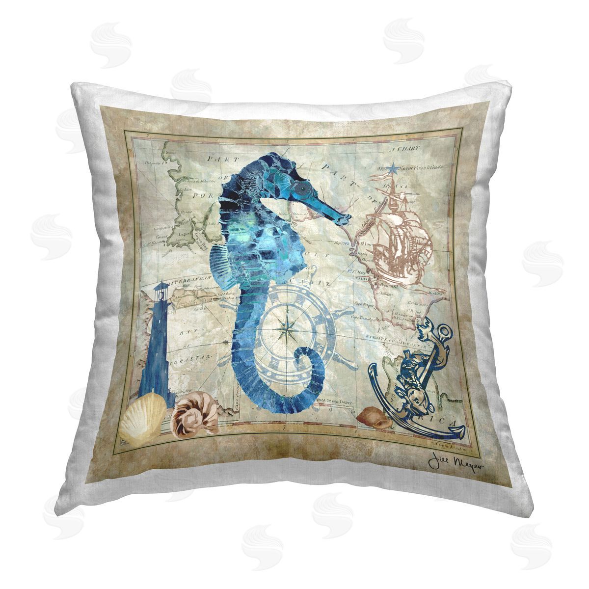 Jill Meyer Seahorse & Nautical Map Printed Plush Polyester Throw Pillow