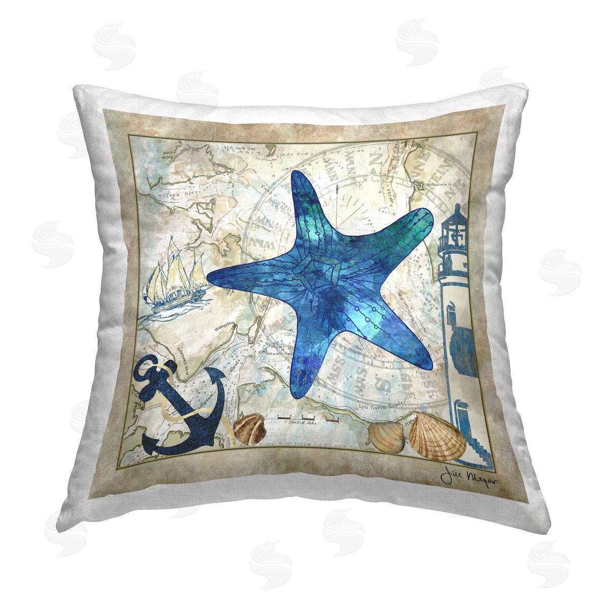 Jill Meyer Starfish & Nautical Map Printed Plush Polyester Throw Pillow