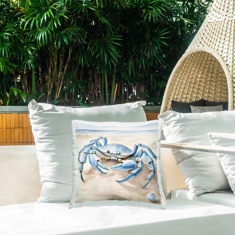 Kim Allen Blue Crab on Beach Outdoor Quick-Dry Polyester Printed Throw Pillow in Back Yard