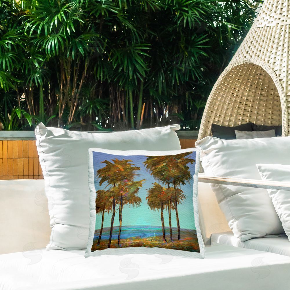 Michael Tienhaara Looming Green Palms Outdoor Quick-Dry Polyester Printed Throw Pillow in Back Yard