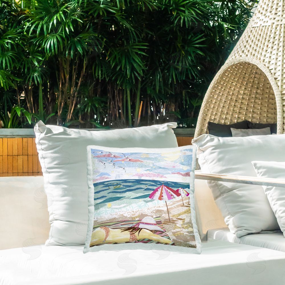 Jennifer Peck My Happy Place Collaged Outdoor Quick-Dry Polyester Printed Throw Pillow in Back Yard