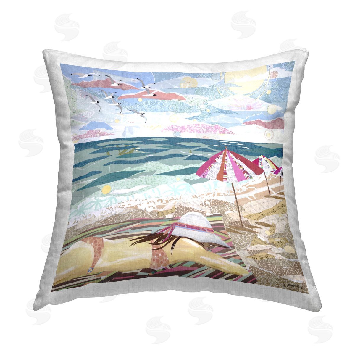 Jennifer Peck My Happy Place Collaged Printed Plush Polyester Throw Pillow