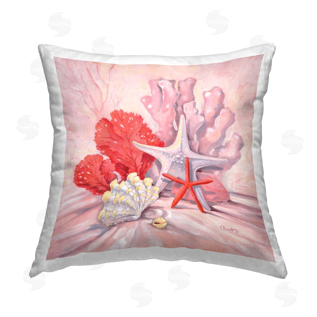 Paul Brent Pink Gathered Sea Life Printed Plush Polyester Throw Pillow
