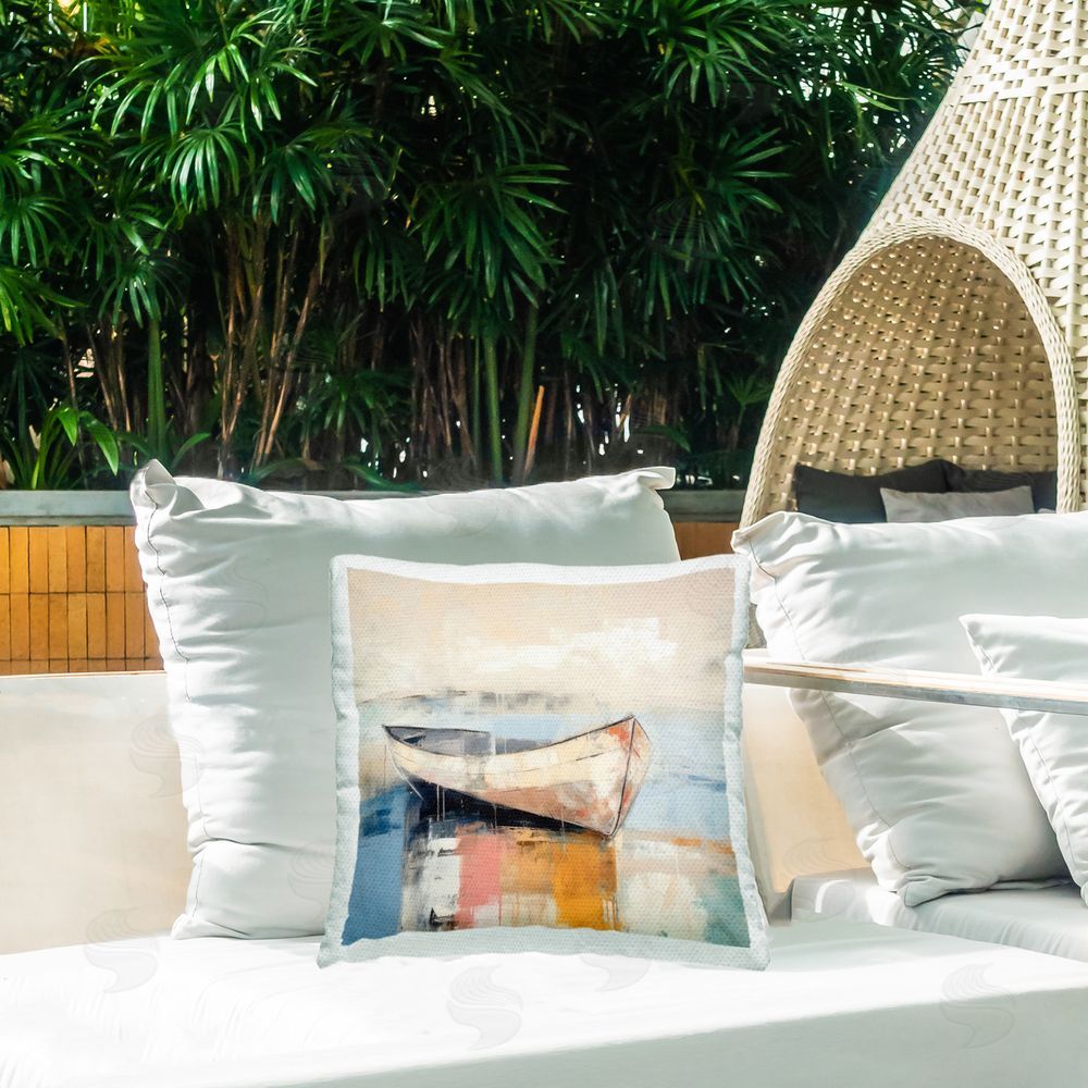 Irena Orlov Charming Coastal Boat Outdoor Quick-Dry Polyester Printed Throw Pillow in Back Yard