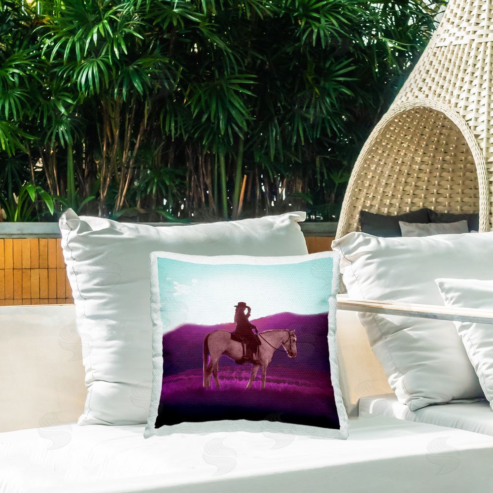 SD Graphics Studio Cowgirl & Purple Mountains Outdoor Quick-Dry Polyester Printed Throw Pillow in Back Yard