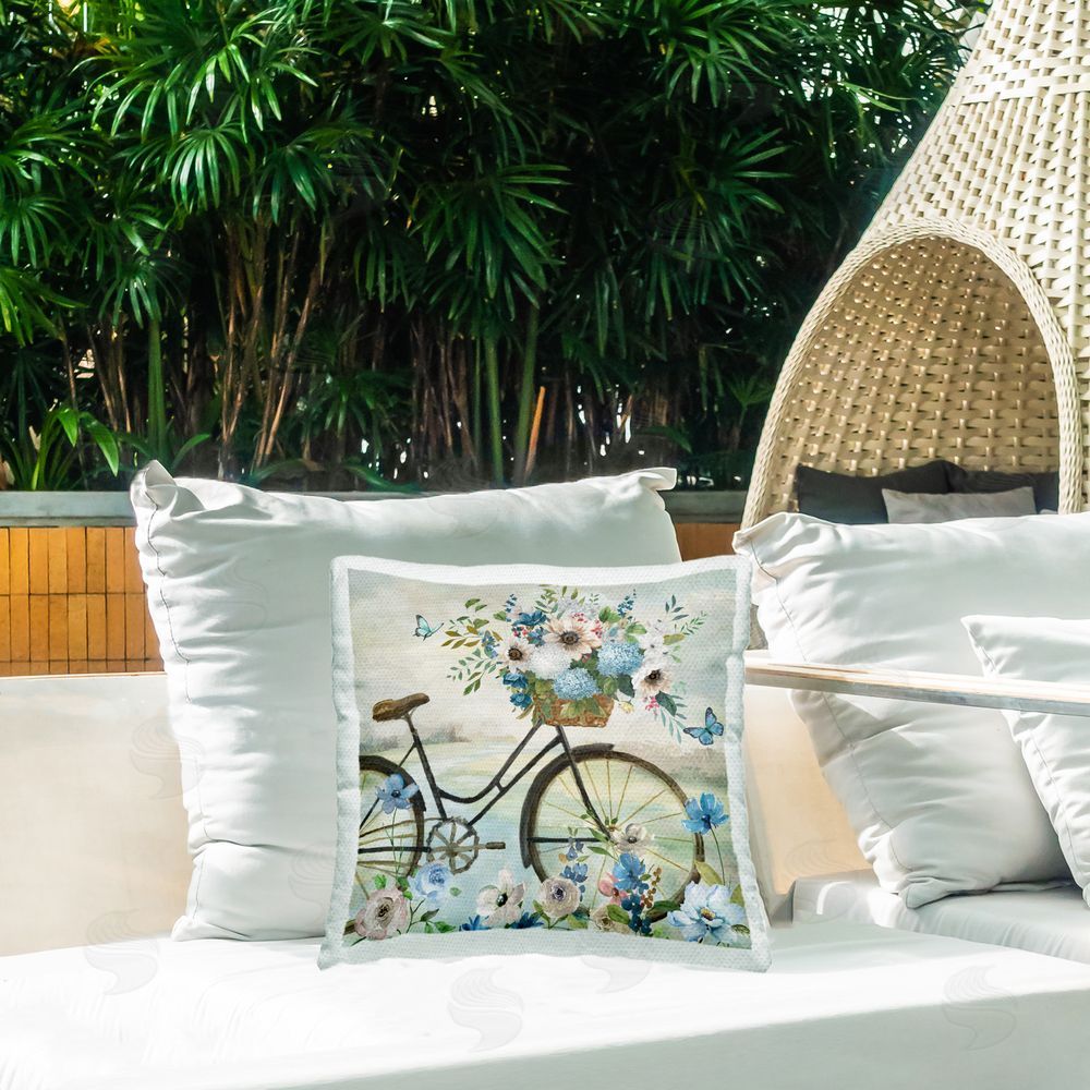 Nan Floral Bicycle & Butterflies Outdoor Quick-Dry Polyester Printed Throw Pillow in Back Yard