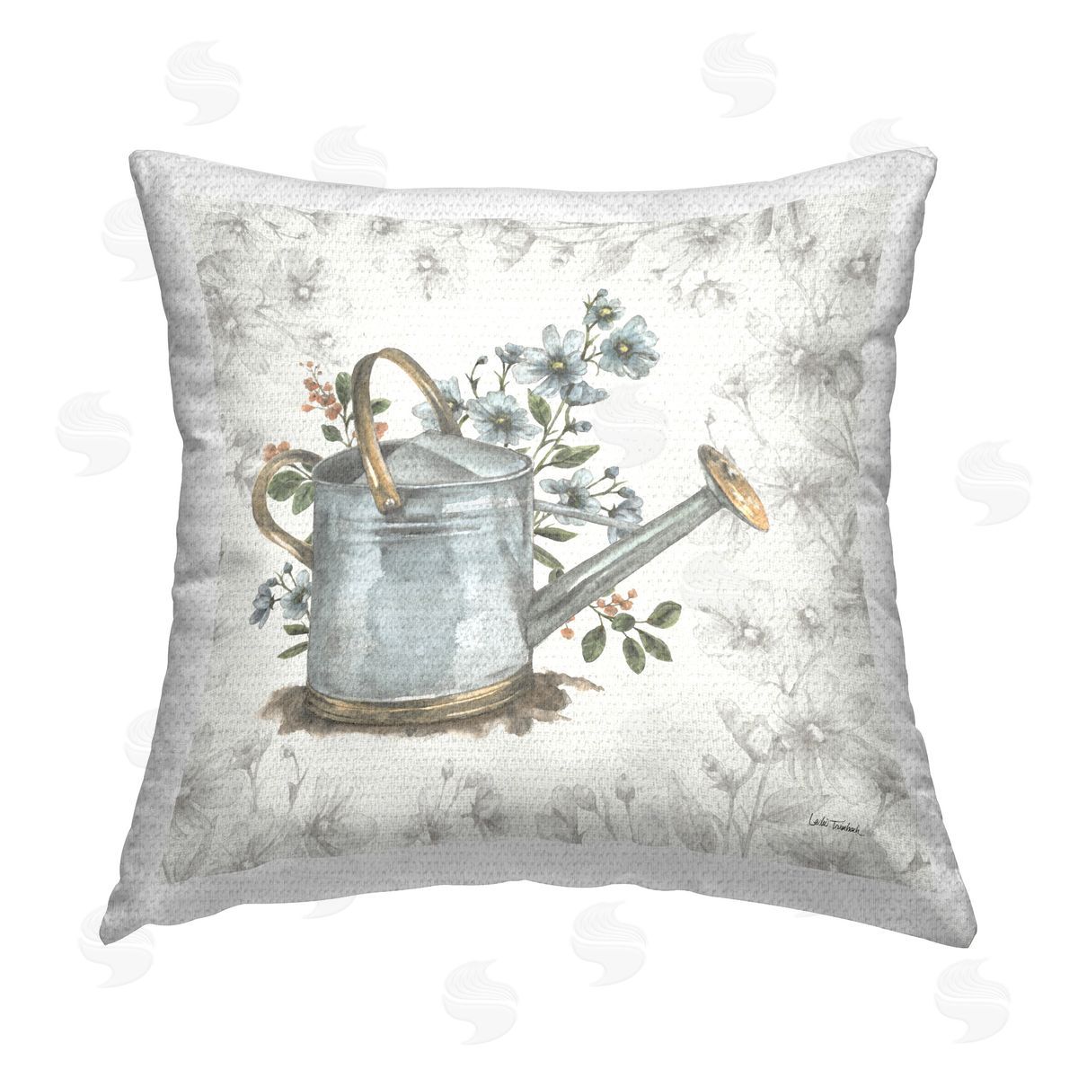 Leslie Trimbach Floral Watering Can Outdoor Quick-Dry Polyester Printed Throw Pillow