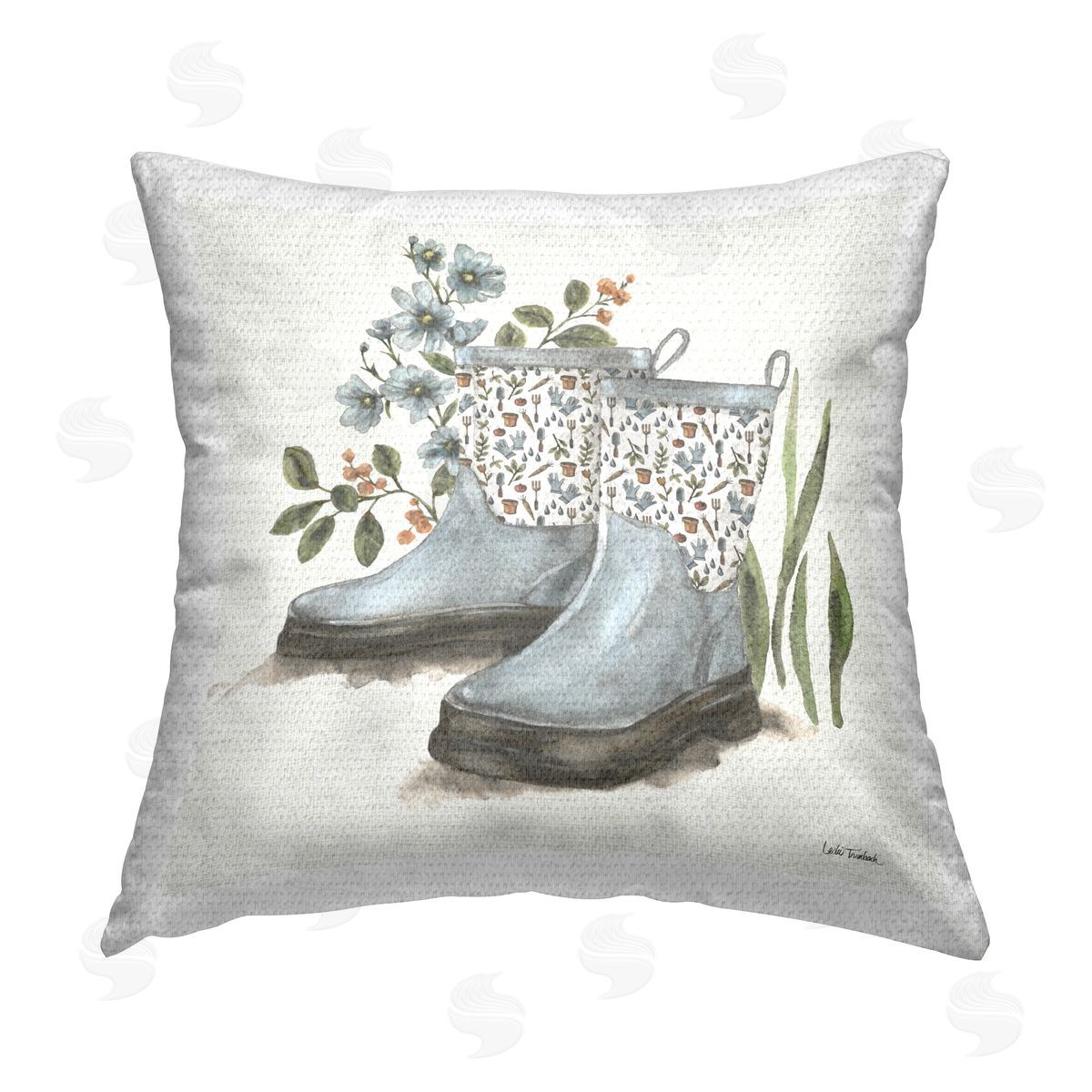Leslie Trimbach Floral Gardening Boots Outdoor Quick-Dry Polyester Printed Throw Pillow