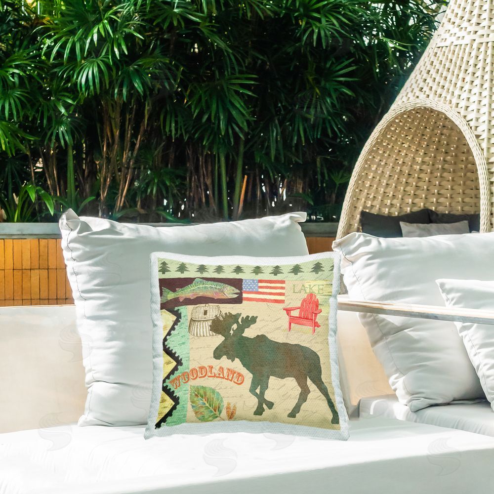 Andrea Tachiera Lake Lodge Patchwork Outdoor Quick-Dry Polyester Printed Throw Pillow in Back Yard