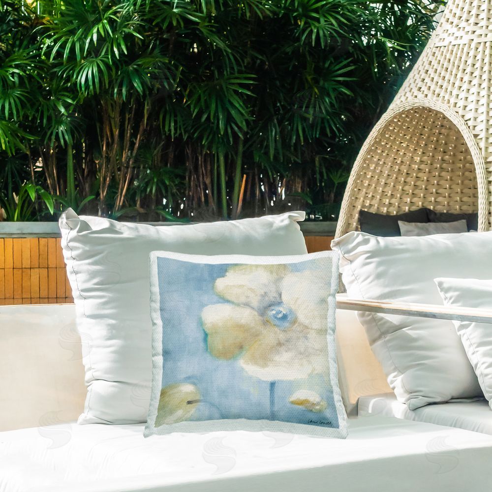 Lanie Loreth White Blossom on Blue Outdoor Quick-Dry Polyester Printed Throw Pillow in Back Yard