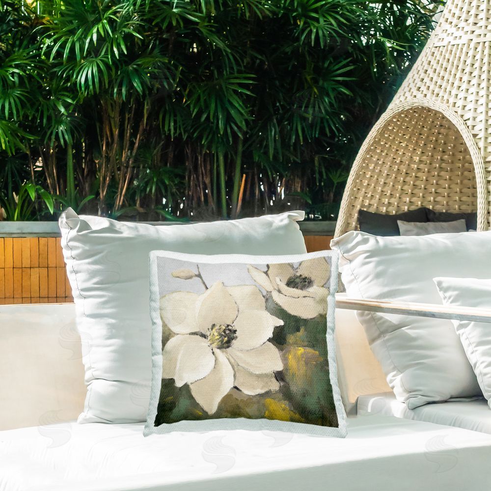 Lanie Loreth Two Magnolia Blossoms Outdoor Quick-Dry Polyester Printed Throw Pillow in Back Yard