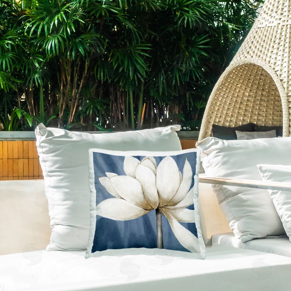 Carol Robinson White Lotus Petals Outdoor Quick-Dry Polyester Printed Throw Pillow in Back Yard