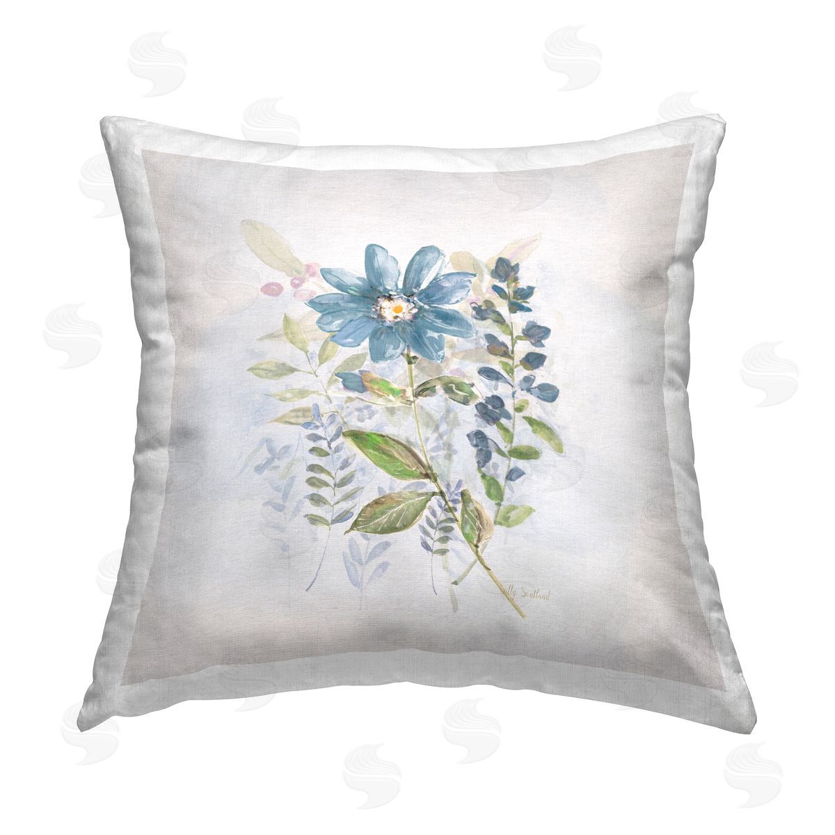 Sally Swatland Blooming Blue Flower Printed Plush Polyester Throw Pillow