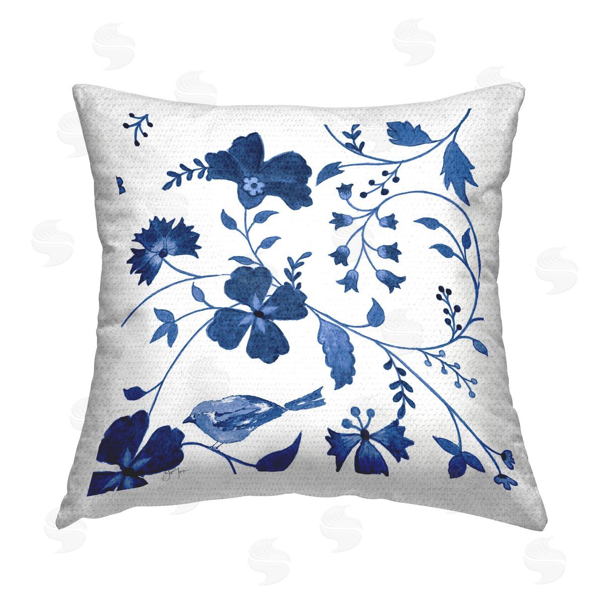 Janet Tava Swirling Blue Flowers Outdoor Quick-Dry Polyester Printed Throw Pillow