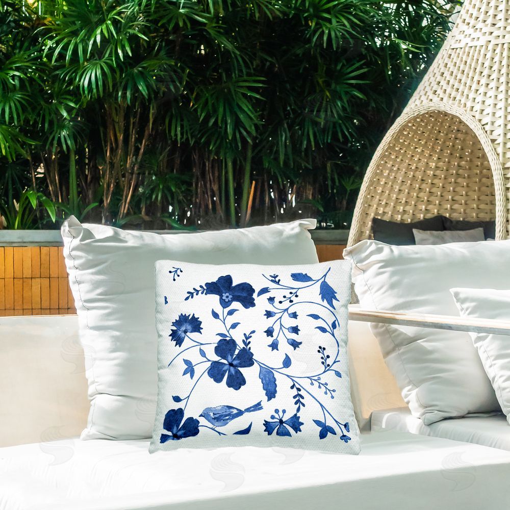 Janet Tava Swirling Blue Flowers Outdoor Quick-Dry Polyester Printed Throw Pillow in Back Yard