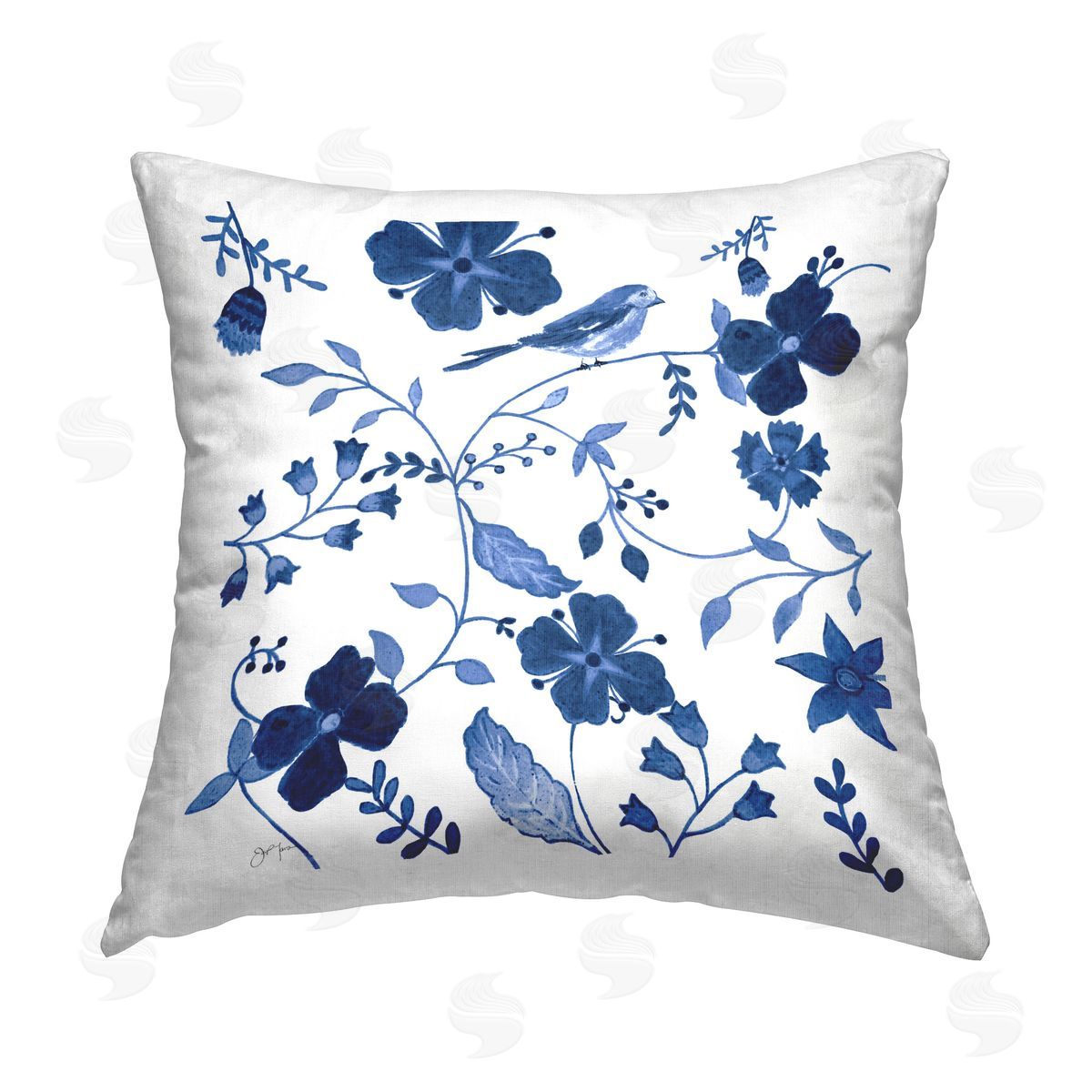 Janet Tava Ornate Blue Flowers Printed Plush Polyester Throw Pillow