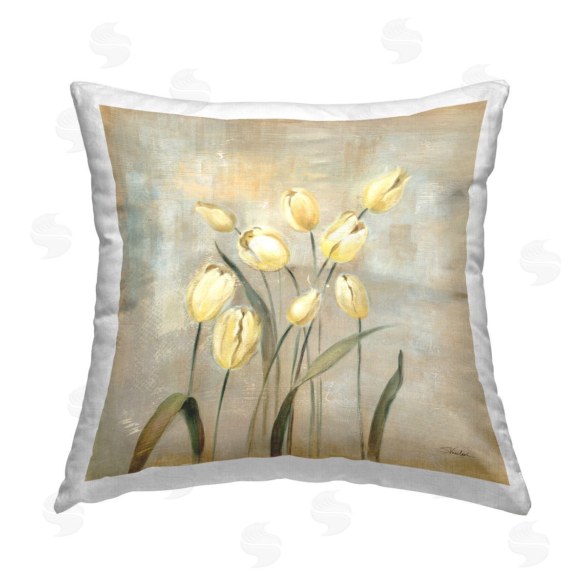 Silvia Vassileva Yellow Tulips on Beige Printed Plush Polyester Throw Pillow