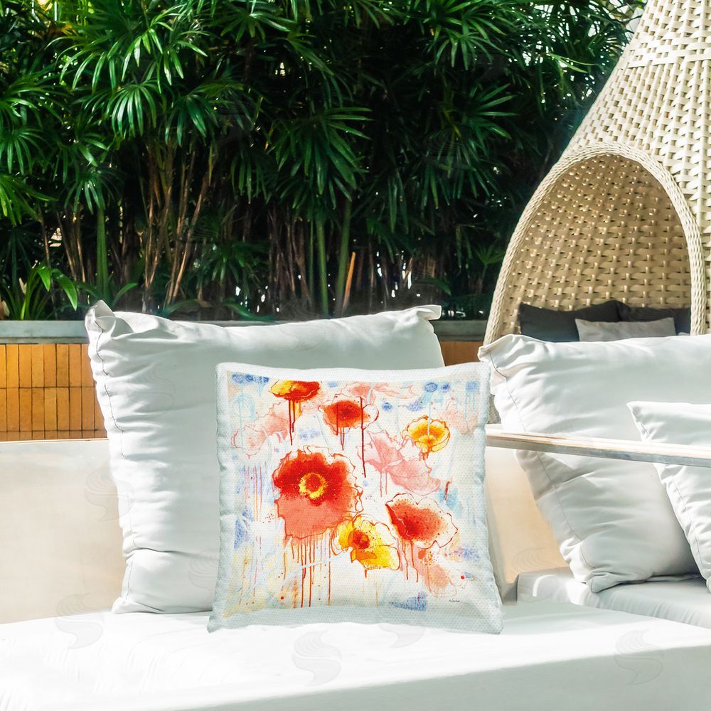 Shirley Novak Dripping Abstract Poppies Outdoor Quick-Dry Polyester Printed Throw Pillow in Back Yard