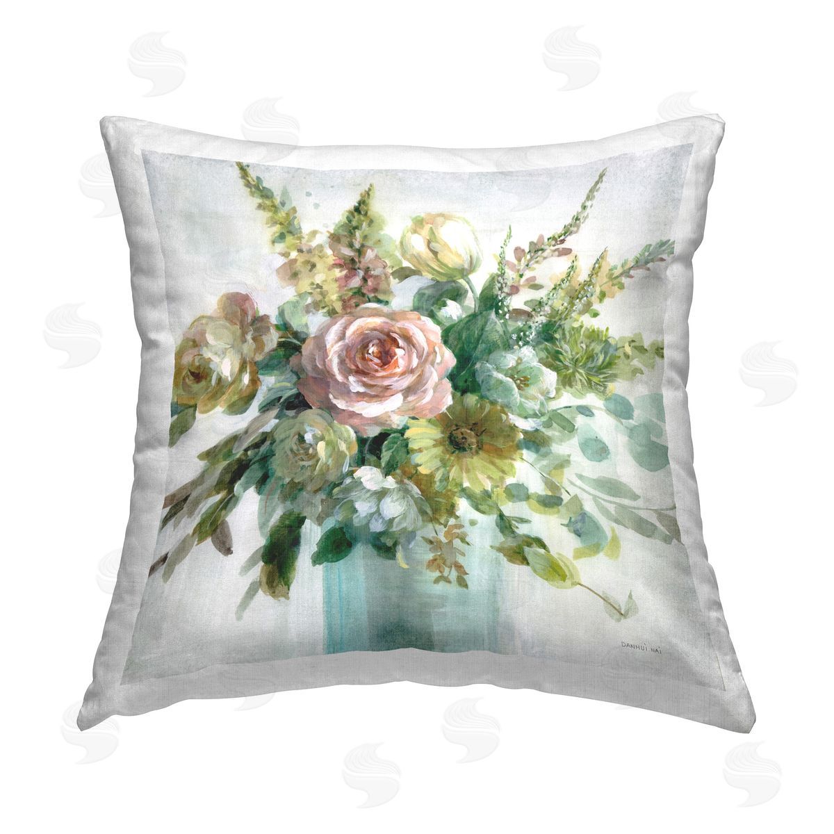 Danhui Nai Sage & Peach Flowers Printed Plush Polyester Throw Pillow