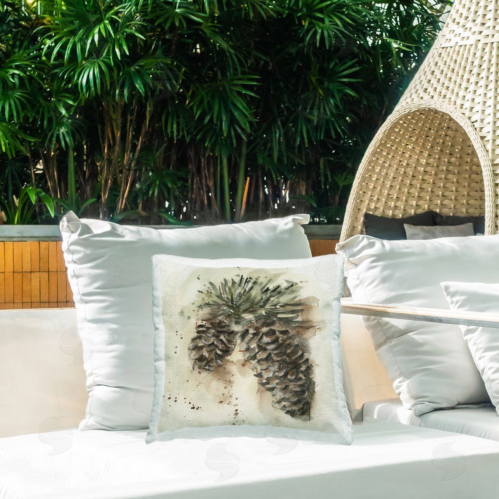 Ethan Harper Pine Cone Watercolor Outdoor Quick-Dry Polyester Printed Throw Pillow in Back Yard