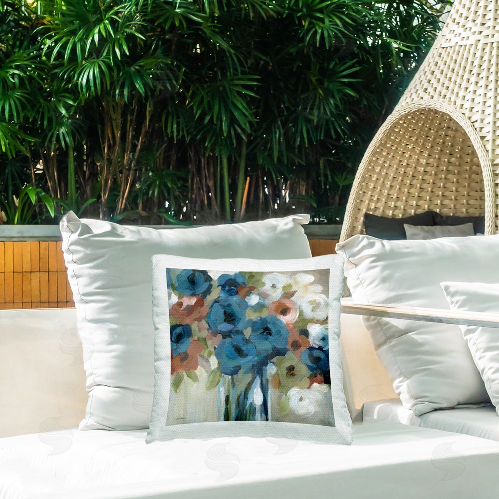 Carol Robinson Bold Blue Blooms Outdoor Quick-Dry Polyester Printed Throw Pillow in Back Yard