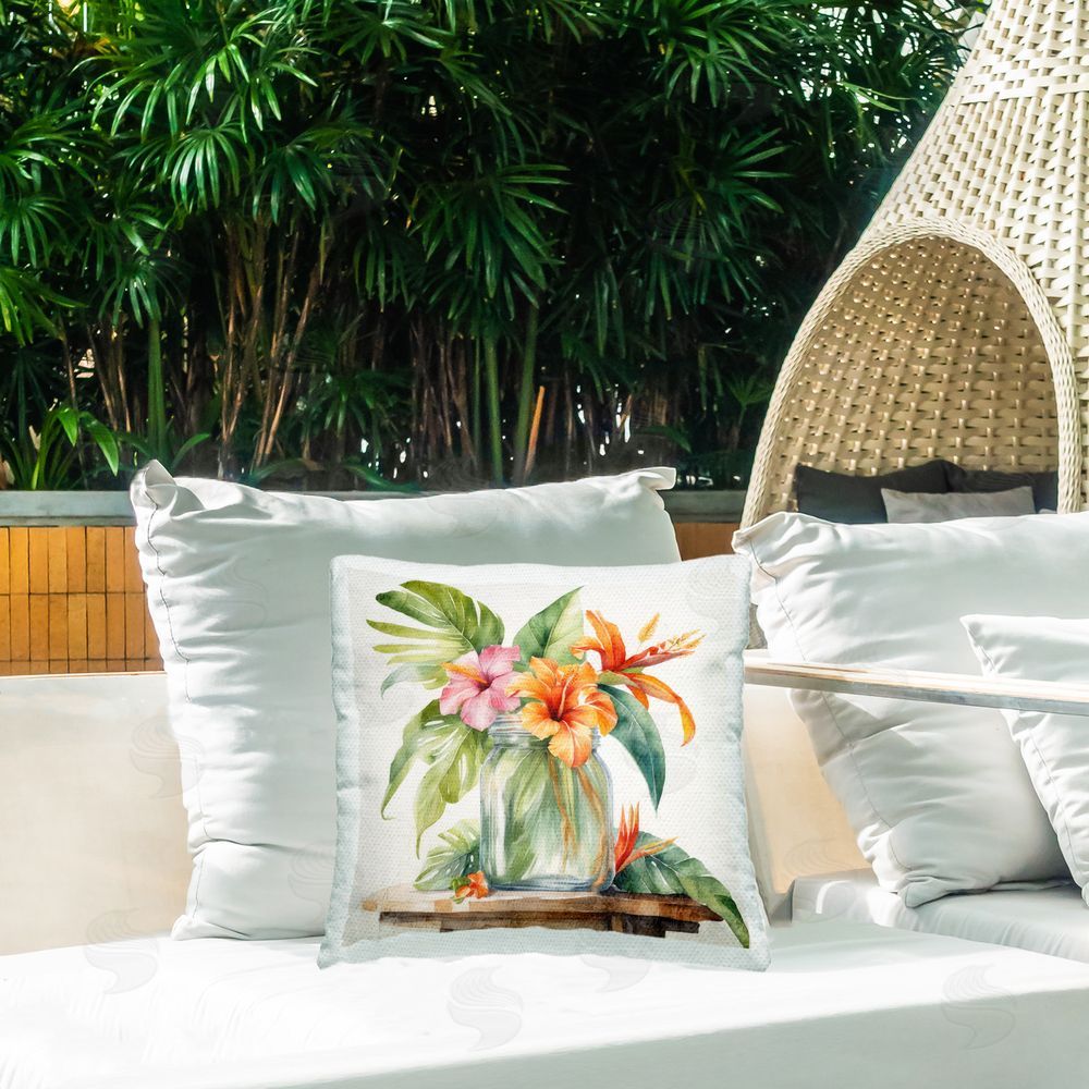 Kim Allen Tropical Floral Jar Outdoor Quick-Dry Polyester Printed Throw Pillow in Back Yard