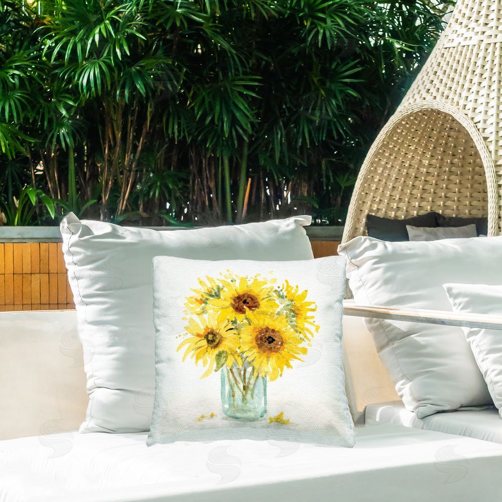 Patti Bishop Soft Sunflower Jar Outdoor Quick-Dry Polyester Printed Throw Pillow in Back Yard