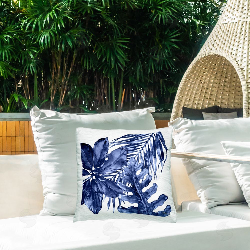 Paul Brent Blue Hued Plant Leaves Outdoor Quick-Dry Polyester Printed Throw Pillow in Back Yard