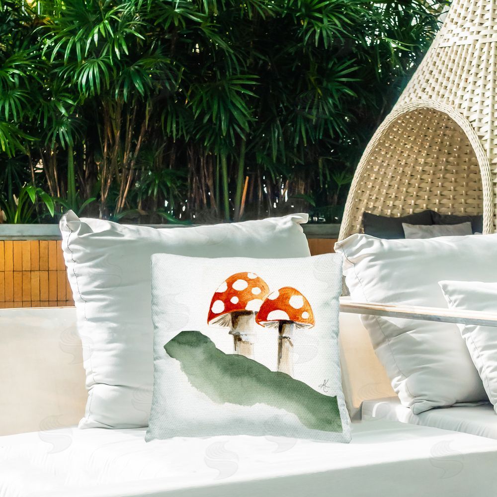Alexandria Gilbert Kincaid Spotted Red Mushrooms Outdoor Quick-Dry Polyester Printed Throw Pillow in Back Yard