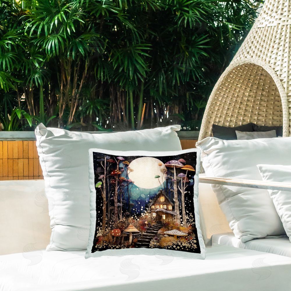 Sasha Whimsical Mushroom Cottage Outdoor Quick-Dry Polyester Printed Throw Pillow in Back Yard