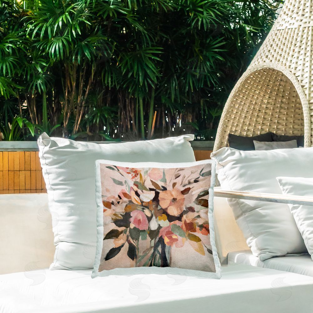 Sasha Blush Abstract Bouquet Outdoor Quick-Dry Polyester Printed Throw Pillow in Back Yard