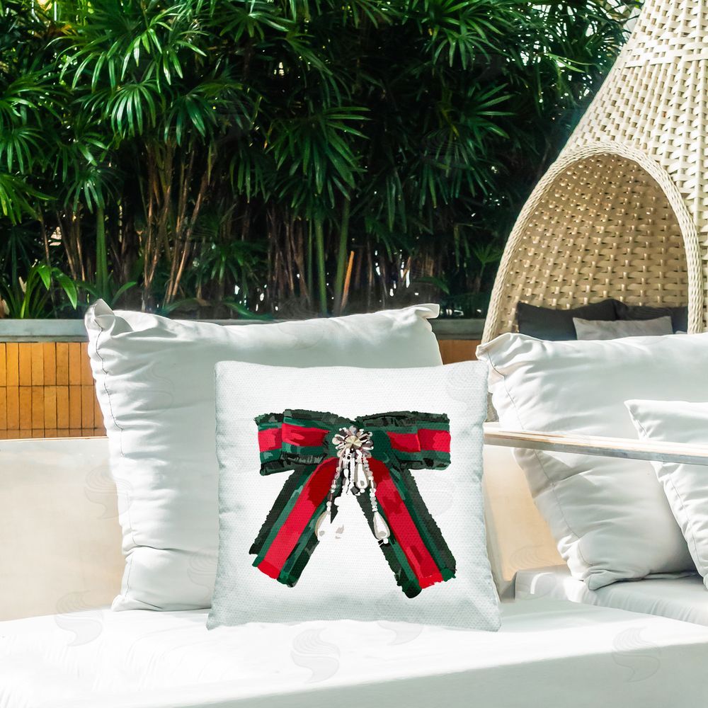 Amelia Noyes Green & Red Bow Outdoor Quick-Dry Polyester Printed Throw Pillow in Back Yard