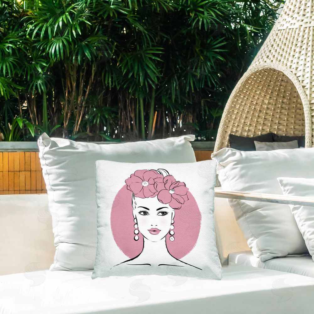 Martina Pavlova Pink Lady Portrait Outdoor Quick-Dry Polyester Printed Throw Pillow in Back Yard