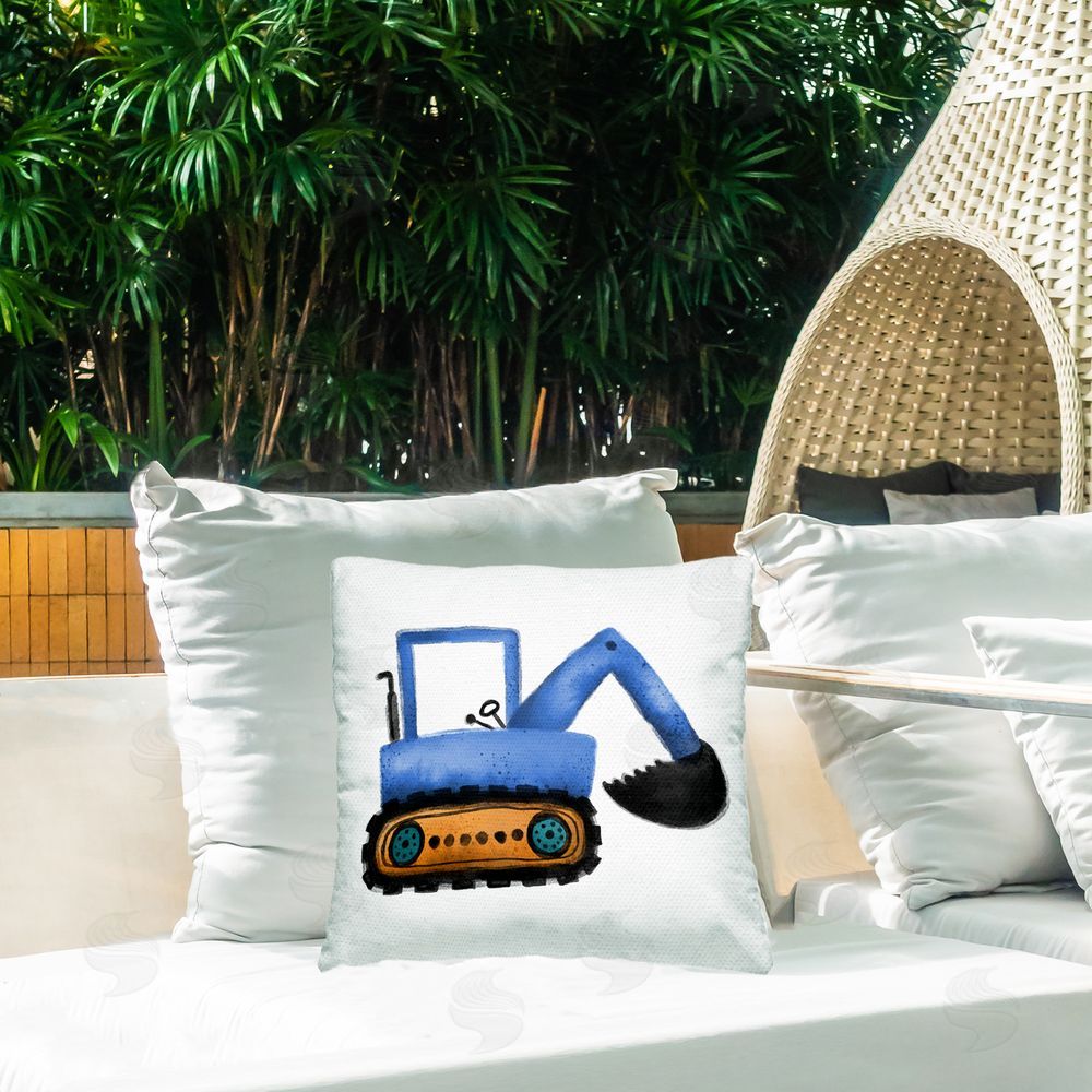 Elizabeth Medley Blue Simple Bulldozer Outdoor Quick-Dry Polyester Printed Throw Pillow in Back Yard