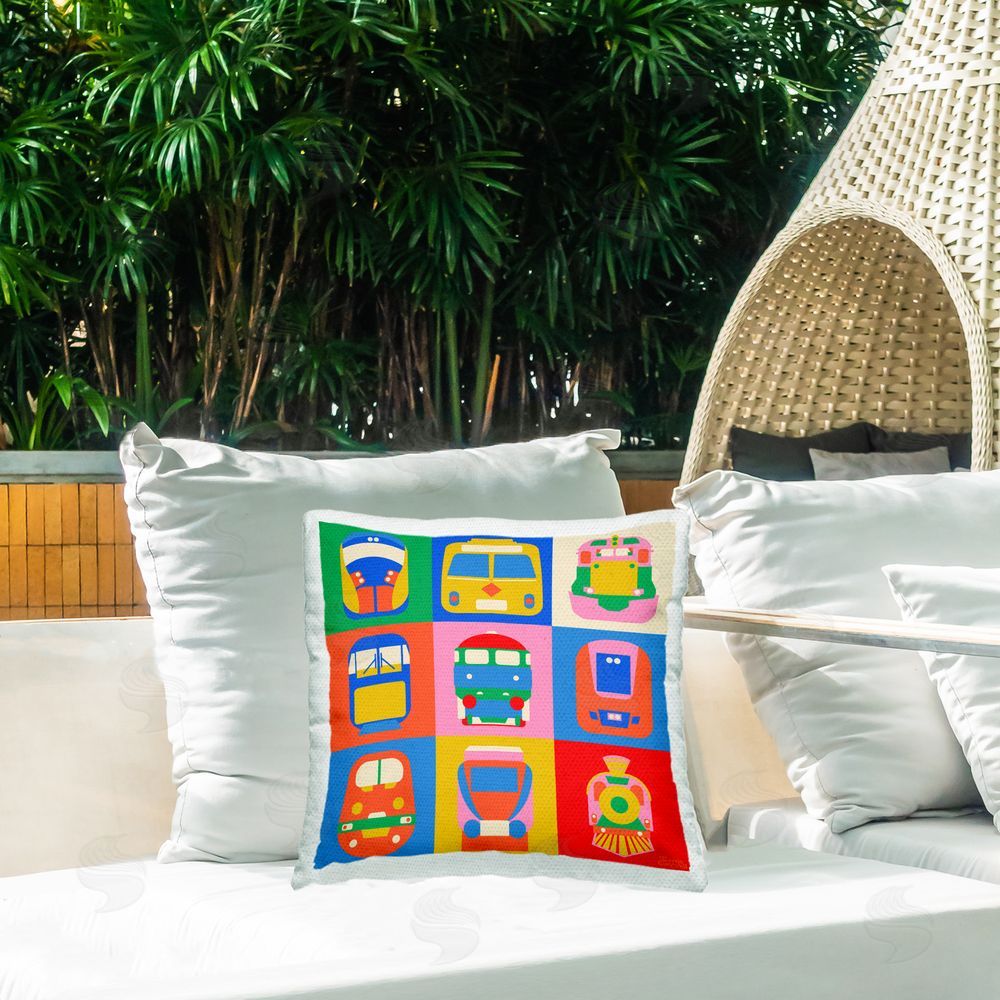 Carrie Cantwell Iconic Trains Patchwork Outdoor Quick-Dry Polyester Printed Throw Pillow in Back Yard