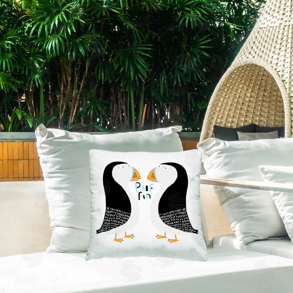 Carla Daly Puffin Bird Duo Outdoor Quick-Dry Polyester Printed Throw Pillow in Back Yard