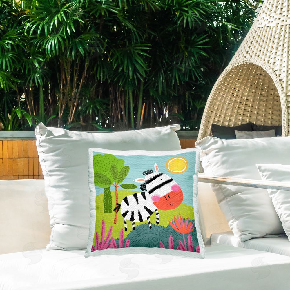 Tina Finn Whimsical Zebra in Nature Outdoor Quick-Dry Polyester Printed Throw Pillow in Back Yard
