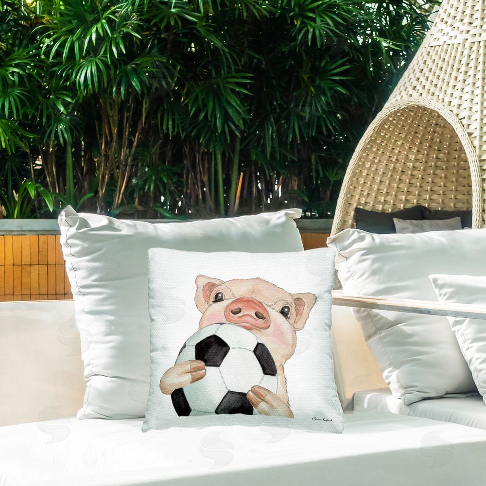 Sharon Kuplack Pig & Soccer Ball Outdoor Quick-Dry Polyester Printed Throw Pillow in Back Yard