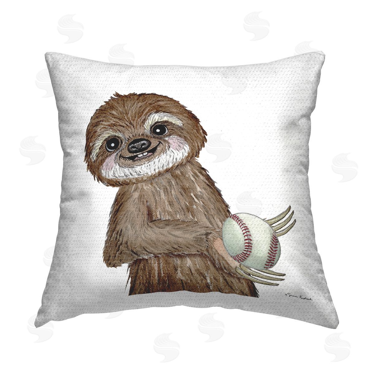 Sharon Kuplack Sloth Playing Baseball Outdoor Quick-Dry Polyester Printed Throw Pillow