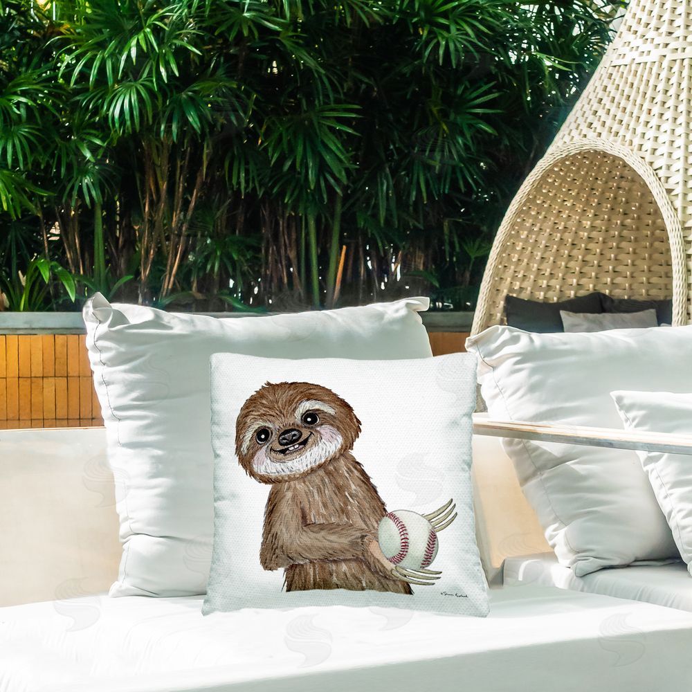 Sharon Kuplack Sloth Playing Baseball Outdoor Quick-Dry Polyester Printed Throw Pillow in Back Yard