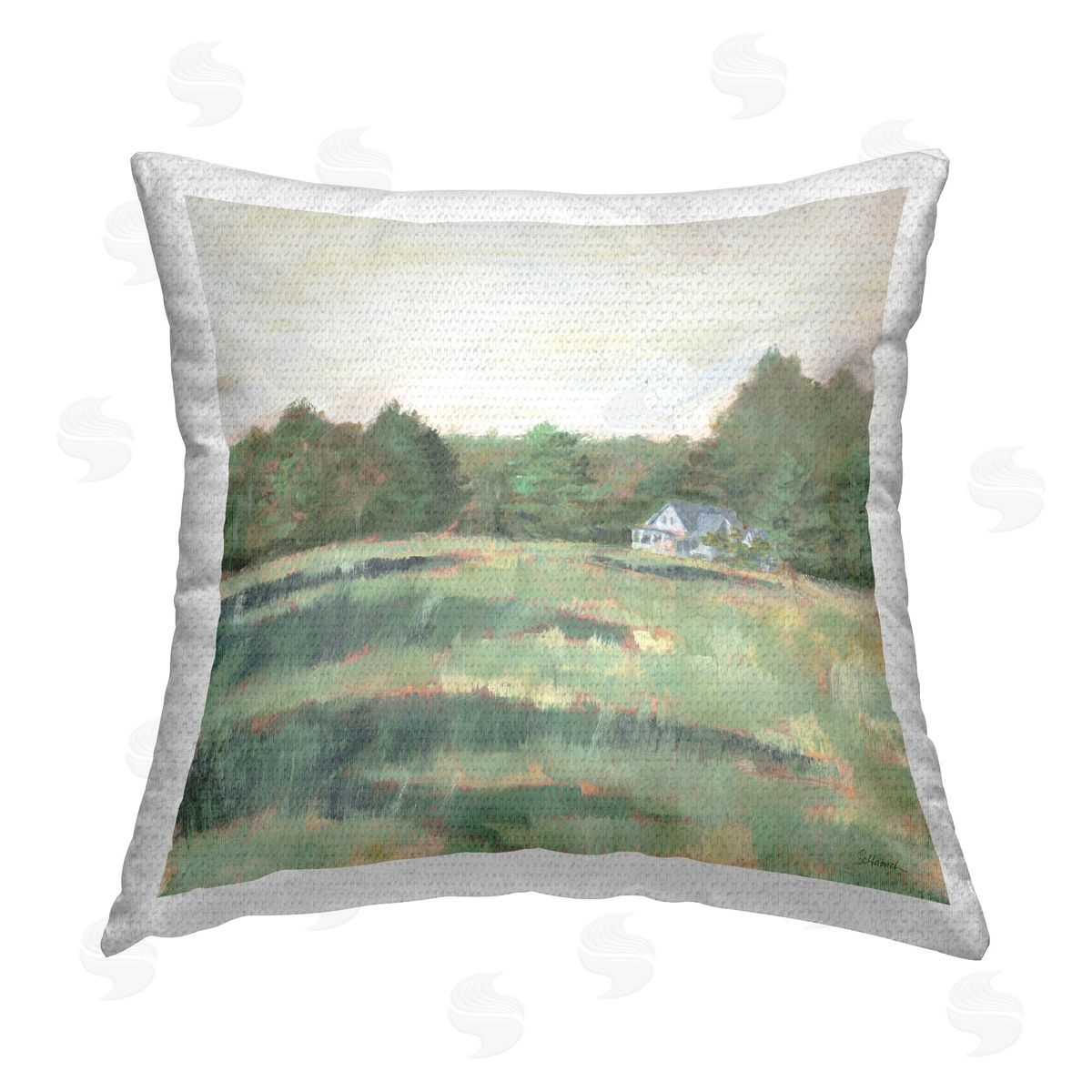 Sue Schlabach Farmhouse Across Meadow Outdoor Quick-Dry Polyester Printed Throw Pillow