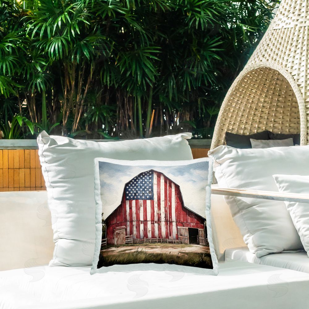 Petal Prints Design Americana Barn View Outdoor Quick-Dry Polyester Printed Throw Pillow in Back Yard