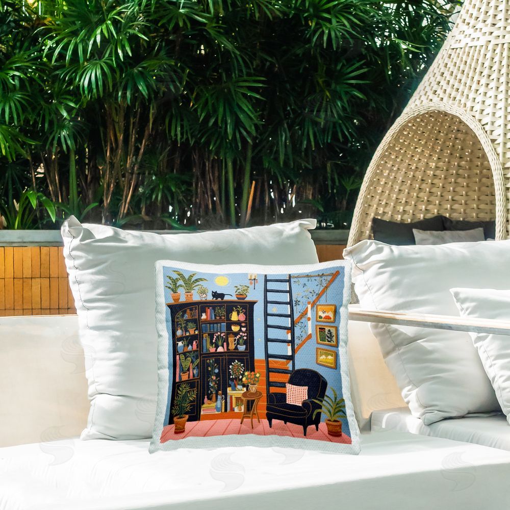 Lazar Studio Eclectic Fun Bookshelf Outdoor Quick-Dry Polyester Printed Throw Pillow in Back Yard