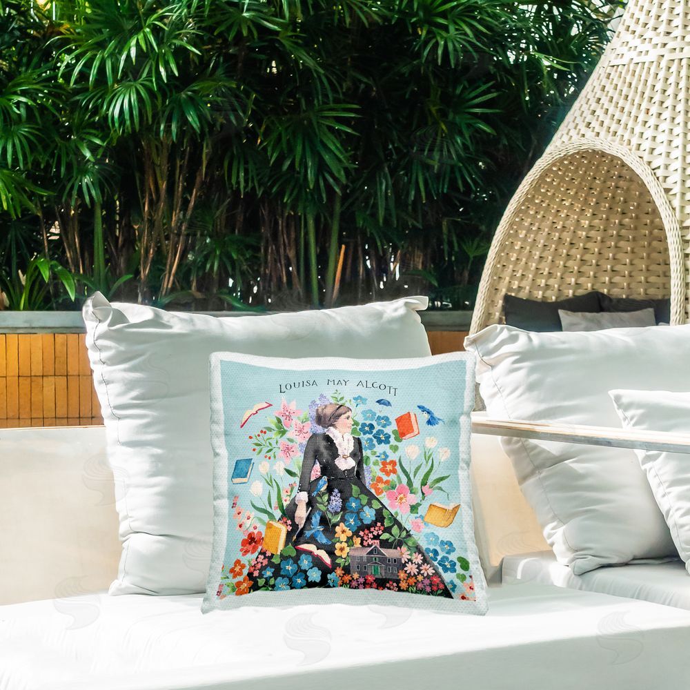 Heather Lee Chan Louisa May Alcott Portrait Outdoor Quick-Dry Polyester Printed Throw Pillow in Back Yard